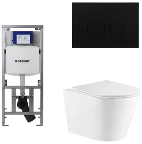 QeramiQ Dely Toiletset - 36.3x51.7cm - diepspoel - rimless - Geberit UP320 Burda inbouwreservoir - softclose toiletzitting - mat zwarte bedieningsplaat - ronde knoppen - wit glans SW543431/0701131/SW706192