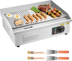 VEVOR Commerciële elektrische bakplaat 3200 W, tafelmodel grillplaat 535x300 mm grilloppervlak, elektrische grill, half geribbeld, half glad, met 2 spatels, 2 borstels en voetjes, voor steaks en pannenkoeken.
