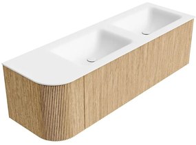 Mondiaz Kurve 145cm badmeubel ronding links oak met 1 lade en deur en wastafel cloud dubbel/rechts 2 kraangaten