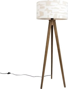 Vloerlamp hout met beige en wit gestreepte kap 50cm - Tripod Classic