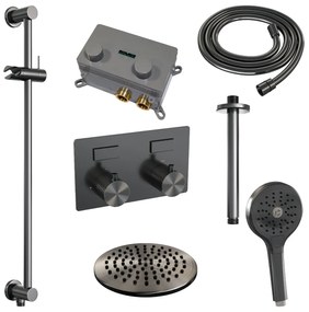 Brauer Gunmetal Carving thermostatische inbouw regendouche met 3 standen handdouche, plafondarm, glijstang en hoofddouche 20cm set 71 gunmetal geborsteld PVD