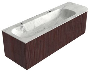 Mondiaz Kurve-dlux 145cm badmeubel ronding rechts ruby met 1 lade en deur en wastafel big large links 2 kraangaten opalo