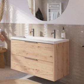 Saqu Lima badmeubel incl. glans witte wastafel met 2 kraangaten 100x52x64cm naturel eiken – rvs greep