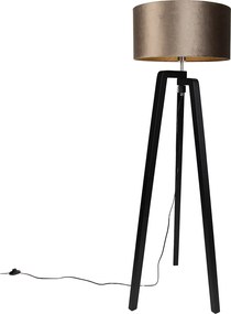 Vloerlamp zwart tripod met kap bruin met gouden binnenkant 50cm - Puros