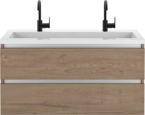 Saqu Gaia badmeubel incl. glans witte wastafel met 2 kraangaten 120x52x64cm toffee – aluminium greeplijst