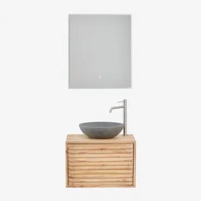 Deleyna Wandgemonteerde Houten Badkamermeubelset Natuurlijk Hout & Rond Grijs Cement Ø40 Cm Tarsis & Rechthoekige Led En Anticondens 60x70 Cm - Sklum