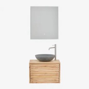 Hangend Badkamermeubelset 60x45 Cm In Hout Deleyna Natuurlijk Hout & Rond Grijs Cement Ø40 Cm Tarsis & Rechthoekige Led En Anticondens 60x70 Cm -