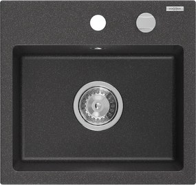 Mexen Milo granieten spoelbak 1-komoer 435 x 410 mm, zwart gespikkeld, chromen sifon - 6505441000-76