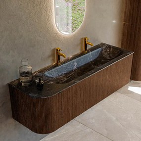 Mondiaz Kurve-dlux 145cm badmeubel ronding links walnut met 1 lade en deur en wastafel big large rechts 2 kraangaten lava