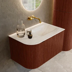 Mondiaz Kurve-dlux 75cm badmeubel ronding links ruby met 1 lade en deur en wastafel grunne rechts zonder kraangat ostra