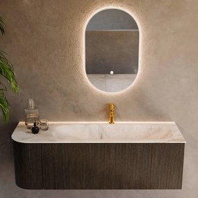 Mondiaz Kurve-dlux 135cm badmeubel ronding links shadow met 1 lade en deur en wastafel big medium kraangat rechts frappe