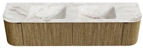 Mondiaz Kurve-dlux 180cm badmeubel ronding links/rechts dusk met 2 lades en deuren en wastafel leaf dubbel 2 kraangaten frappe