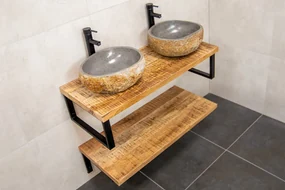 MD Interior Woodz mangohouten badkamermeubel 120cm met 2 rivierstenen waskommen