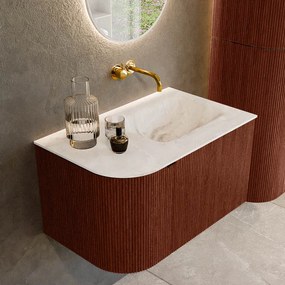 Mondiaz Kurve-dlux 75cm badmeubel ronding links ruby met 1 lade en deur en wastafel grunne rechts zonder kraangat frappe
