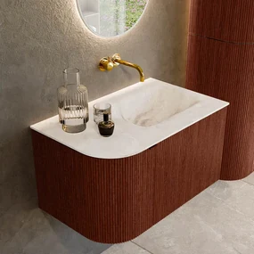 Mondiaz Kurve-dlux 75cm badmeubel ronding links ruby met 1 lade en deur en wastafel grunne rechts zonder kraangat frappe