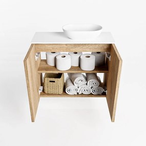 Mondiaz Fowy toiletmeubel 60cm washed oak met witte waskom rechts zonder kraangat