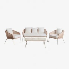 Tuinset Met 2-zitsbank, 2 Fauteuils En Salontafels In Aluminium En Gevlochten Touw Arhiza Tapioca Beige - Sklum