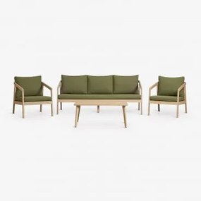 Tuinset Met Bank, 2 Fauteuils En Salontafel Van Acaciahout Kaela Lichte Acaciekleur & 3 Zits & Bouclé Saliegroen - Sklum