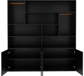 Goossens Basic Buffetkast Madrid, 4 dichte deuren 8 open vakken, zwart melamine, 184 x 191 x 45 cm, elegant chic