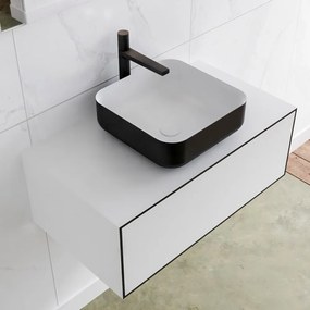 Zaro Lagom volledig naadloos solid surface onderkast met topblad 80cm mat zwart met 1 lades Push tot open. Compleet met solid surface opzetkom met 1 kraangat(en)