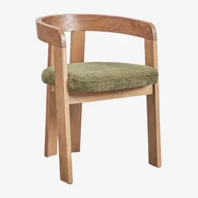 Set Van 4 Yvone Gestoffeerde Eetkamerstoelen Met Houten Armleuningen Natuurlijk Hout & Stof Chenille Groen – Salie - Sklum