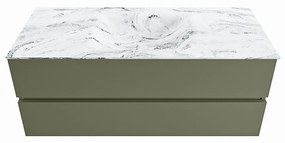 Mondiaz Vica DLux badmeubel 120cm army 2 lades met wastafel glace midden zonder kraangat