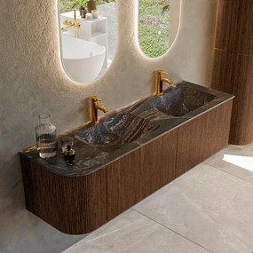 Mondiaz Kurve-dlux 155cm badmeubel ronding links walnut met 2 lades en 1 deur en wastafel leaf dubbel/rechts 2 kraangaten lava