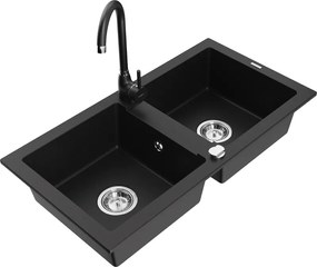 Mexen Mario granieten gootsteen 2-kamer met Telma keukenkraan, zwart - 6504-77-670200-70