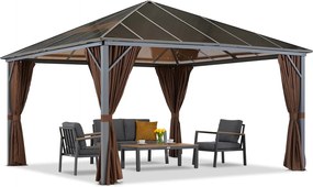 Milos tuinhuisje 4x4m met bruine gordijnen Tuinpunt