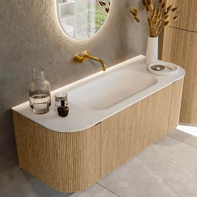 Mondiaz Kurve 120cm badmeubel ronding links/rechts oak met 1 lade en 2 deuren en wastafel big small midden zonder kraangat