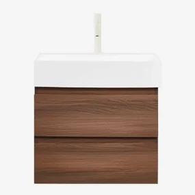 Badkamermeubelset Van Hout En Essenhoutfineer Met Geïntegreerde Wastafel Ona Donker Hout & Spiegelloze & Tapioca Beige ↑20 Cm - Sklum