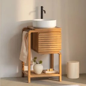 Bradley Teakhouten Badkamermeubelset Rond Keramiek Wit Ø40 Cm Lenka & Spiegelloze & Mat Zwart ↑30 Cm Met Afvoerkraan Zonder Overloop Orveta & ↔ -