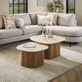 Salontafelset Travertin En Hout - 85 X 79cm.