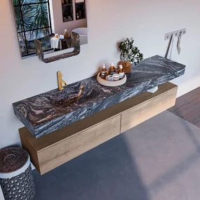 Mondiaz Alan DLux badmeubel 200cm washed oak 2 lades met wastafel lava links 1 kraangat