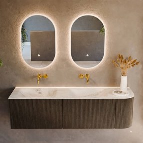 Mondiaz Kurve-dlux 155cm badmeubel ronding rechts shadow met 2 lades en 1 deur en wastafel leaf dubbel/links zonder kraangat opalo