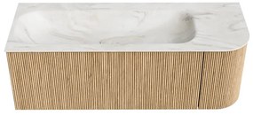 Mondiaz Kurve-dlux 125cm badmeubel ronding rechts oak met 1 lade en deur en wastafel big medium links zonder kraangat ostra