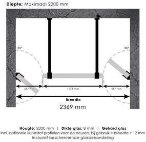 Brauer JC profielloze niscabine XL 240x200cm met 60cm deuren RVS