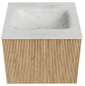 Mondiaz Kurve-dlux 50cm badmeubel oak met 1 lade en wastafel grunne midden zonder kraangat opalo