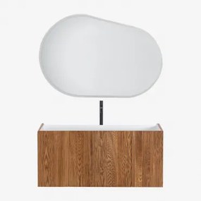 Hangend Badkamermeubelset Van Hout Met Geïntegreerde Wastafel Fiore Ash Brown & Ovaal Led En Anticondens 120x80 Cm Riben & Mat Zwart - Sklum