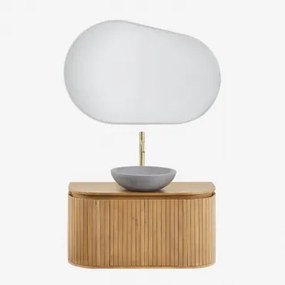 Conjunto Vaniteitmeubel 90x40 Cm Zwevend In Mangohout Analis Mangohout & Rond Grijs Cement Ø40 Cm Tarsis & Ovaal Led En Anticondens 100x80 Cm Riben -