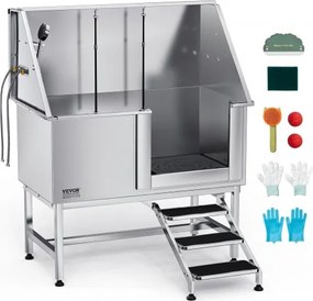 VEVOR Hondenwasstation van roestvrij staal, 1270x700x1545mm, verzorgingsbak voor huisdieren met trap, PE-waterfilterplaat, kraan, douchekop en zeephouder, voor grote, middelgrote en kleine huisdieren (rechterdeur)