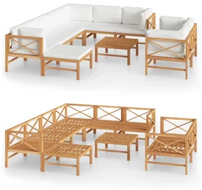 vidaXL 10-delige Loungeset met crèmekleurige kussens massief teakhout
