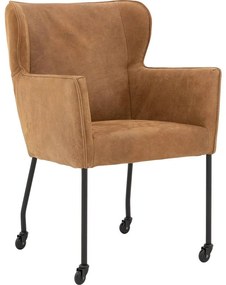 Goossens Excellent Eetkamerstoel Leogang donkerbruin leer met armleuning en Zwart skater wiel met zwarte kapmet wielen, elegant chic