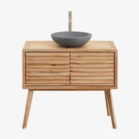 Badkamermeubelset 90x45 Cm In Hout Deleyna Natuurlijk Hout & Rond Grijs Cement Ø40 Cm Tarsis & Spiegelloze & Geborsteld Goud ↑30 Cm Met Aftapkraan Zon