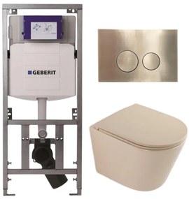 QeramiQ Dely Toiletset - 36.3x51.7cm - diepspoel - rimless - Geberit UP320 inbouwreservoir - softclose toilet zitting - geborsteld messing bedieningsplaat - ronde knoppen - mat beige SW1000764/SW1000770/0701131/SW706200