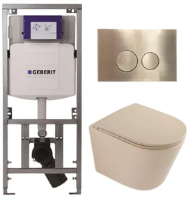 QeramiQ Dely Toiletset - 36.3x51.7cm - diepspoel - rimless - Geberit UP320 inbouwreservoir - softclose toilet zitting - geborsteld messing bedieningsplaat - ronde knoppen - mat beige SW1000764/SW1000770/0701131/SW706200