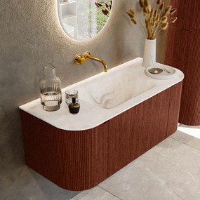 Mondiaz Kurve-dlux 110cm badmeubel ronding links/rechts ruby met 1 lade en 2 deuren en wastafel cloud midden zonder kraangat frappe