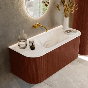 Mondiaz Kurve-dlux 110cm badmeubel ronding links/rechts ruby met 1 lade en 2 deuren en wastafel cloud midden zonder kraangat frappe