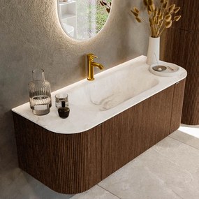 Mondiaz Kurve-dlux 120cm badmeubel ronding links/rechts walnut met 1 lade en 2 deuren en wastafel big small midden 1 kraangat frappe