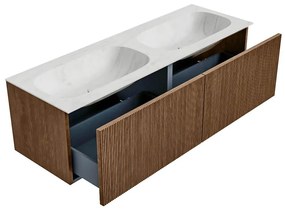 Mondiaz Kurve-dlux 140cm badmeubel walnut met 2 lades en wastafel stor small dubbel 2 kraangaten opalo